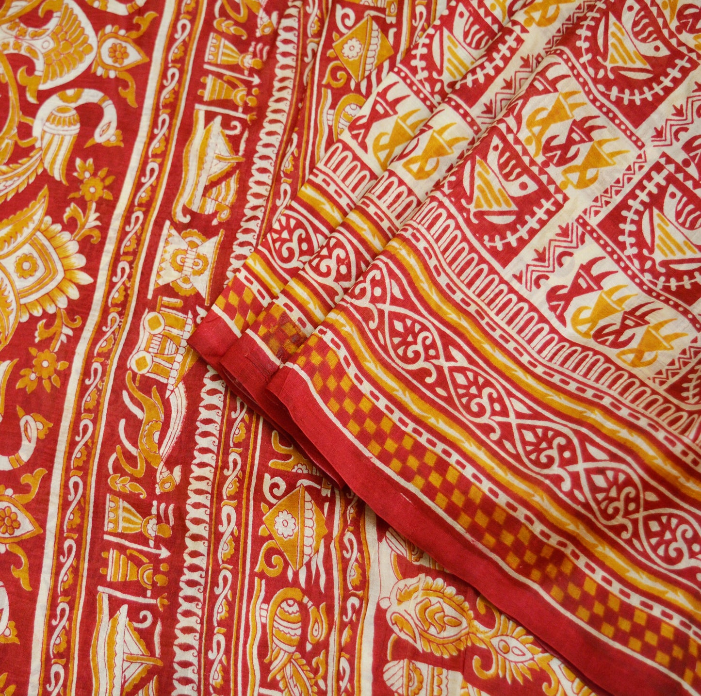 Indian Vintage Sari Ivory Pure Silk Warli Printed Saree Craft Fabric 5Yard Dress making Sewing fabric