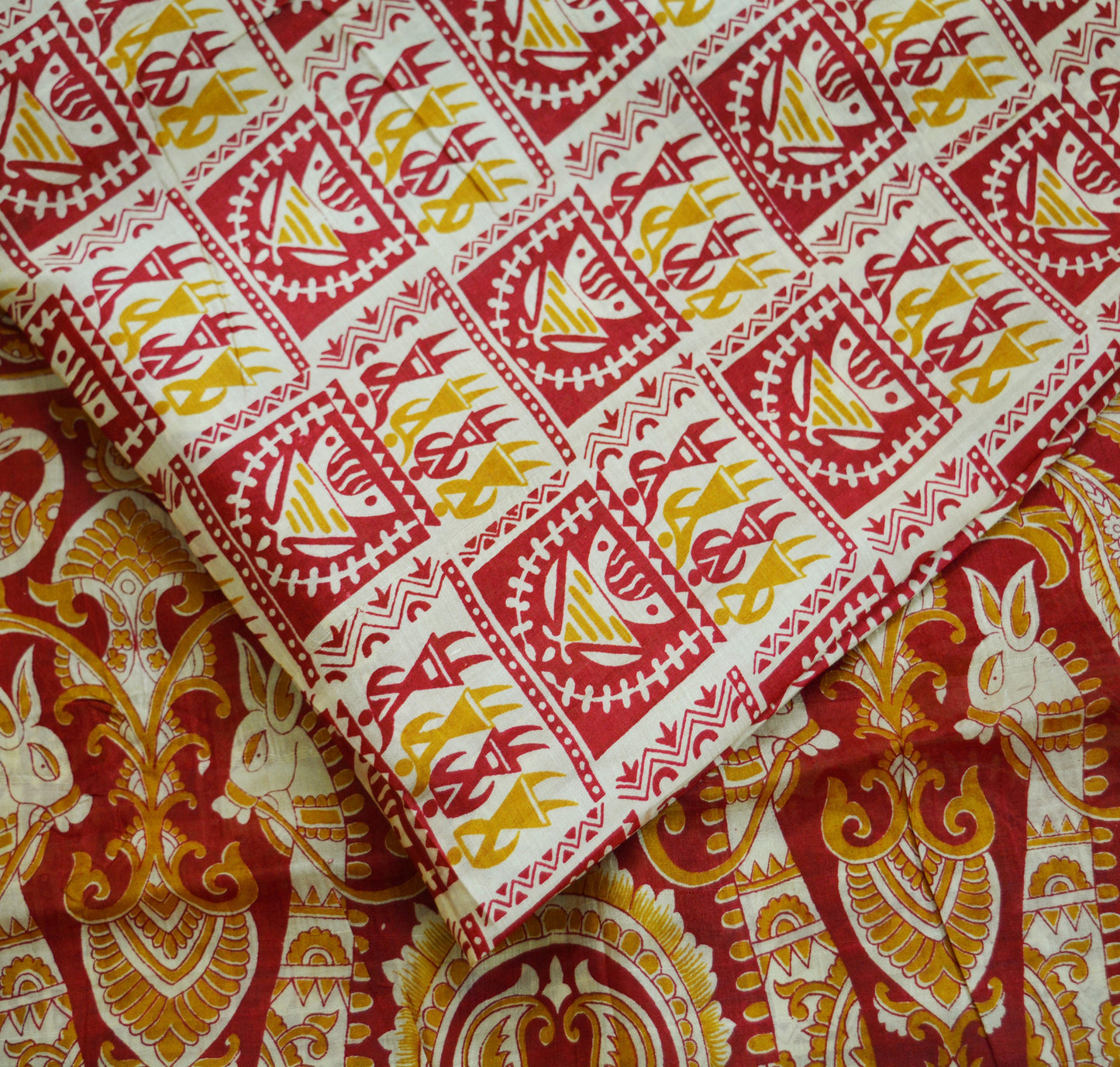 Indian Vintage Sari Ivory Pure Silk Warli Printed Saree Craft Fabric 5Yard Dress making Sewing fabric