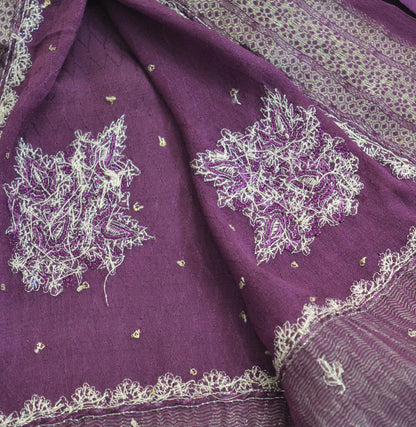 Indian Vintage Purple Dupatta Pure silk Long Stole Hand Embroidered Scarves Floral Design Stole Veil Wrap Zari Zardozi