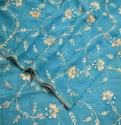 Indian Vintage Heavy Blue Dupatta Pure Georgette Silk Long Stole Hand Embroidered Scarf Zari