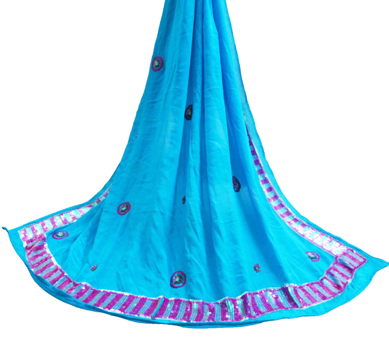 Indian Vintage Blue Dupatta Pure Silk Long Stole Hand Embroidered Scarves Sequins Veil Wrap Hijab