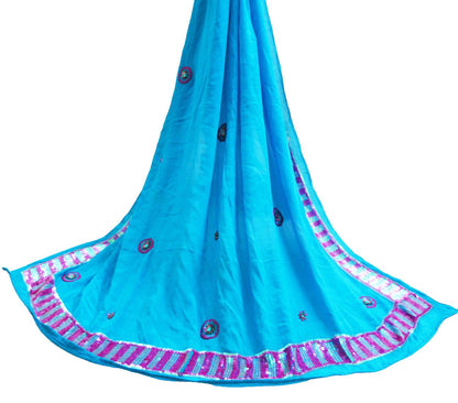 Indian Vintage Blue Dupatta Pure Silk Long Stole Hand Embroidered Scarves Sequins Veil Wrap Hijab