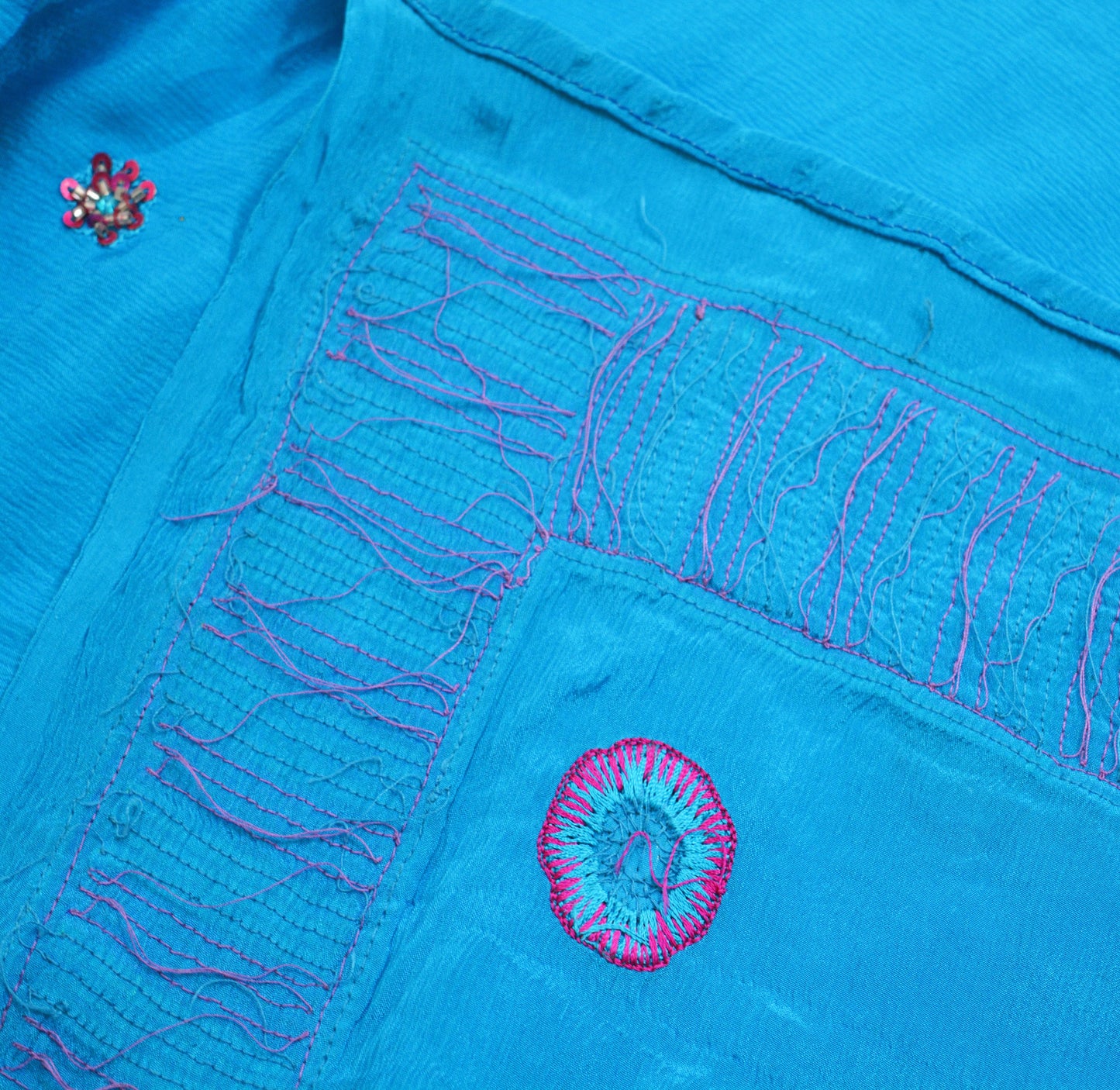 Indian Vintage Blue Dupatta Pure Silk Long Stole Hand Embroidered Scarves Sequins Veil Wrap Hijab