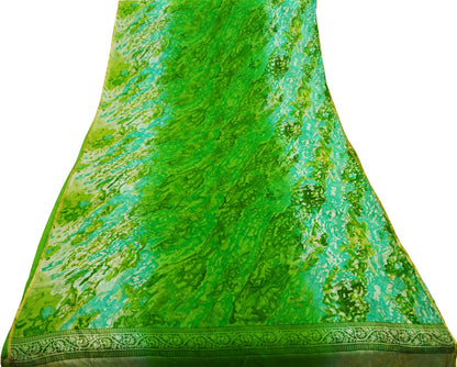 Indian Women Vintage Sari White & Green Blend Chiffon Printed Saree Sewing 5yard Soft Craft Floral Design Wrap Boho Zari