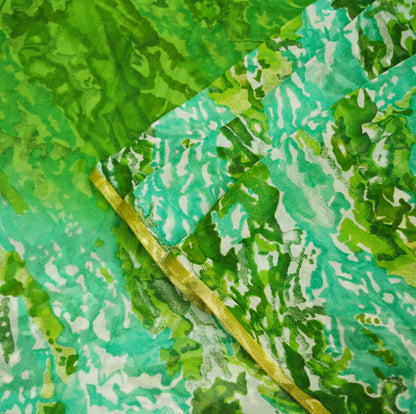 Indian Women Vintage Sari White & Green Blend Chiffon Printed Saree Sewing 5yard Soft Craft Floral Design Wrap Boho Zari