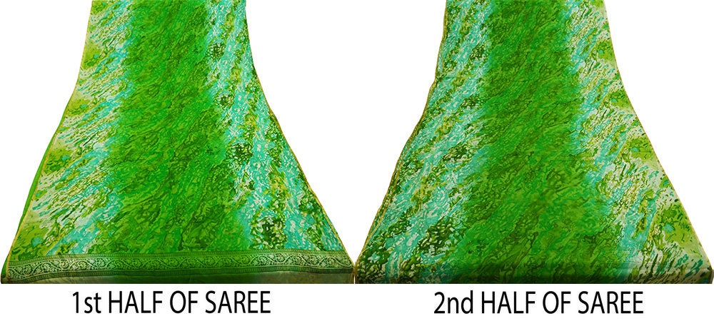Indian Women Vintage Sari White & Green Blend Chiffon Printed Saree Sewing 5yard Soft Craft Floral Design Wrap Boho Zari