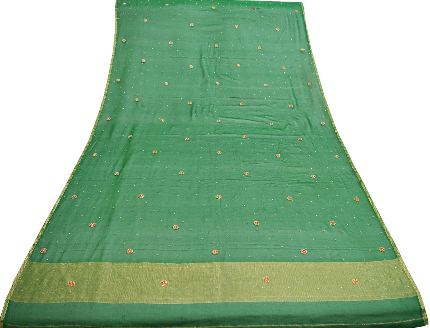 Indian Vintage Green Dupatta Pure silk Long Stole Hand Embroidered Scarves Floral Stole Veil Wrap