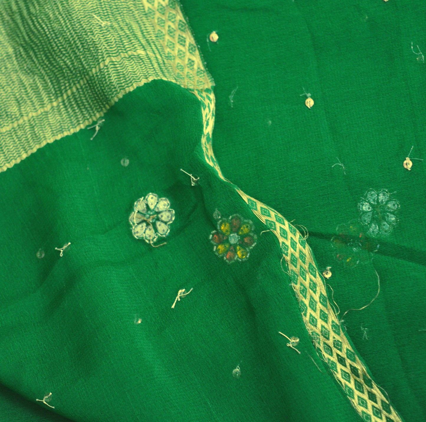 Indian Vintage Green Dupatta Pure silk Long Stole Hand Embroidered Scarves Floral Stole Veil Wrap