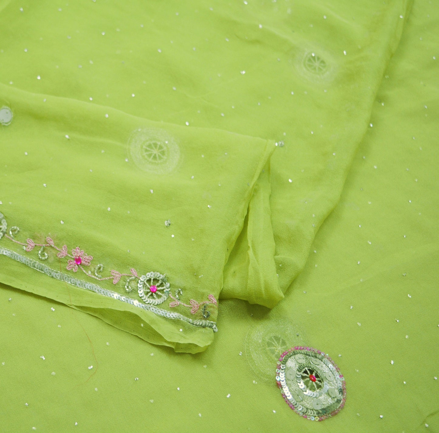 Indian Vintage Green Dupatta Pure Georgette silk Long Stole Hand Embroidered Mukesh work Scarves Sequins Stole Zardozi/dabka