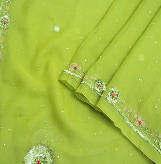 Indian Vintage Green Dupatta Pure Georgette silk Long Stole Hand Embroidered Mukesh work Scarves Sequins Stole Zardozi/dabka