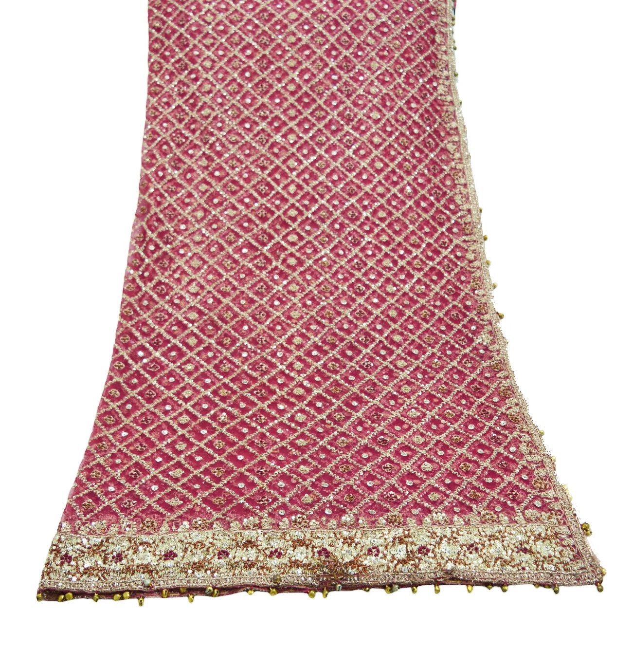 Indian Vintage Heavy Pink Dupatta Net Mesh Long Stole Hand Embroidered Scarves Golden Zardozi Dabka Zari Sequins