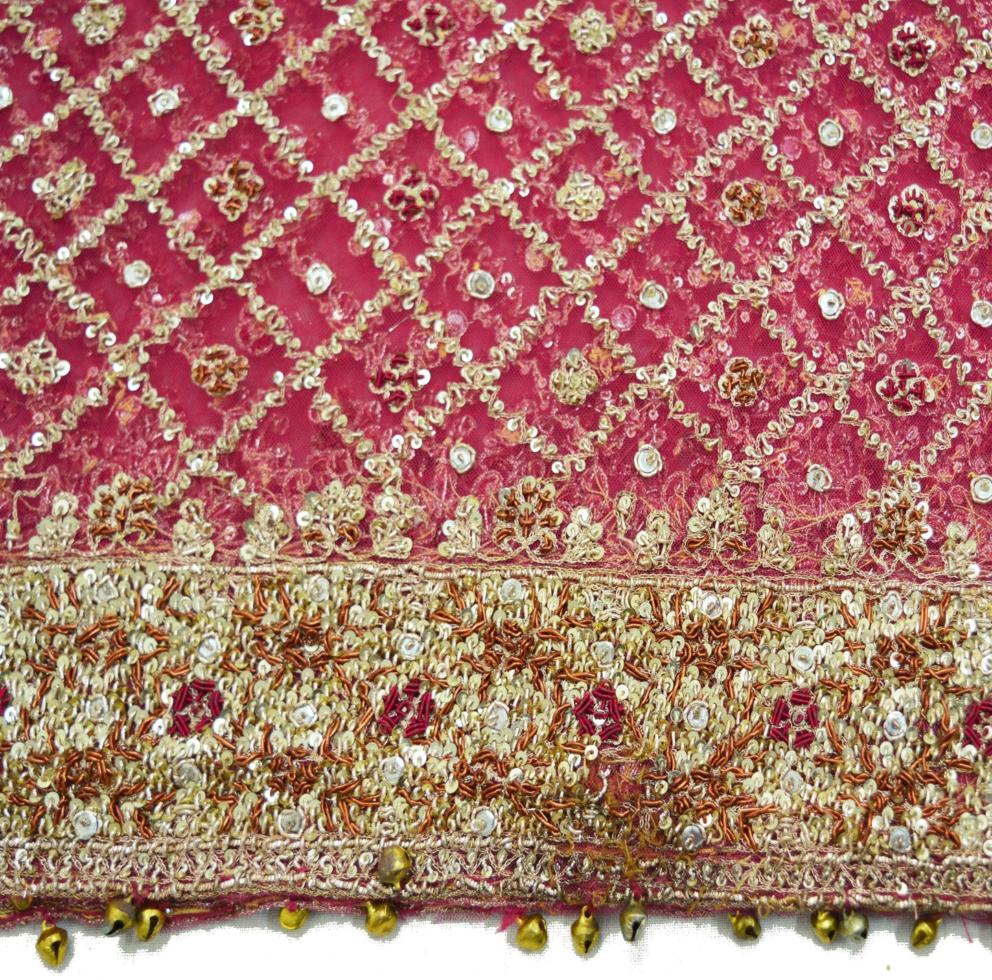 Indian Vintage Heavy Pink Dupatta Net Mesh Long Stole Hand Embroidered Scarves Golden Zardozi Dabka Zari Sequins