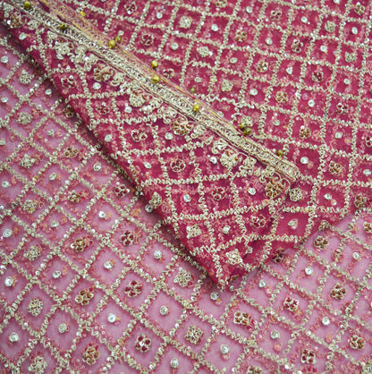 Indian Vintage Heavy Pink Dupatta Net Mesh Long Stole Hand Embroidered Scarves Golden Zardozi Dabka Zari Sequins