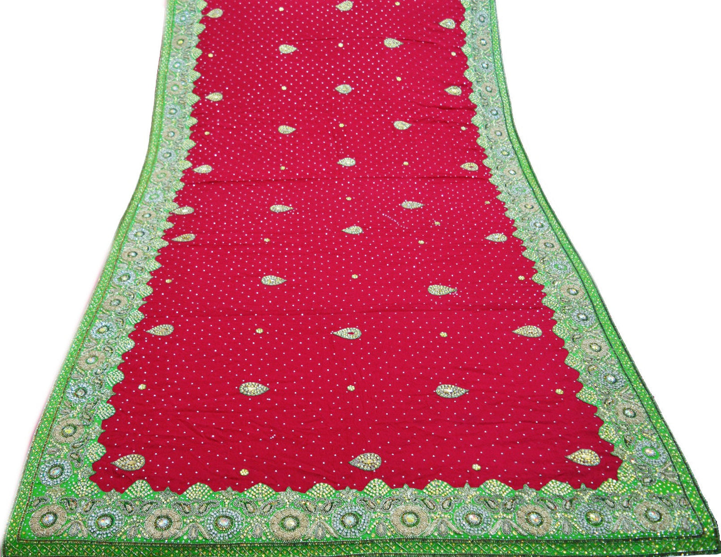 Indian Women Vintage Heavy Red Dupatta Pure silk Long Stole Hand Embroidered Hijab Scarves Veil Wrap Glass Beaded Green Patch