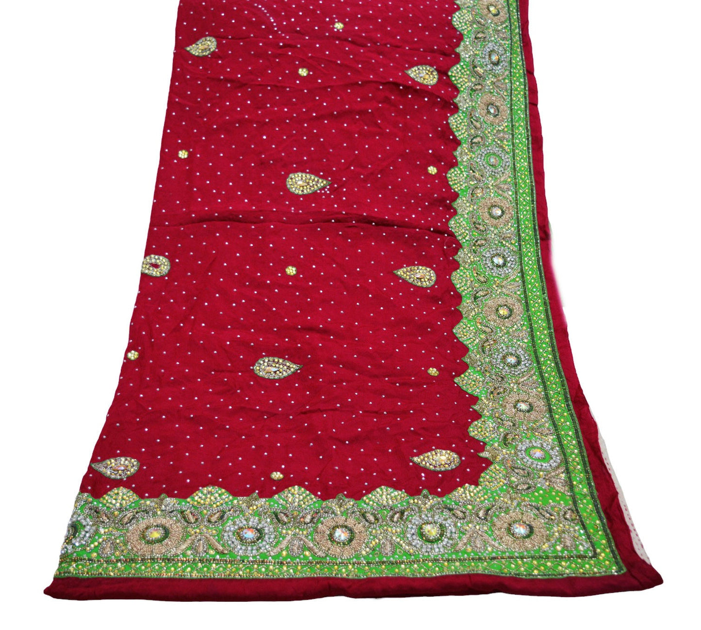 Indian Women Vintage Heavy Red Dupatta Pure silk Long Stole Hand Embroidered Hijab Scarves Veil Wrap Glass Beaded Green Patch