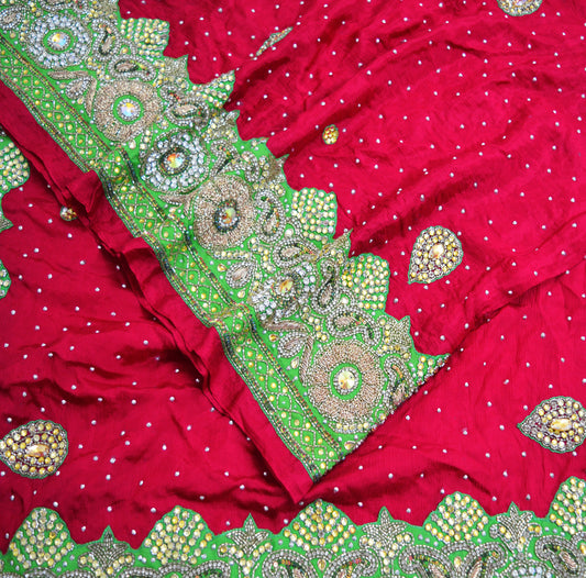 Indian Women Vintage Heavy Red Dupatta Pure silk Long Stole Hand Embroidered Hijab Scarves Veil Wrap Glass Beaded Green Patch