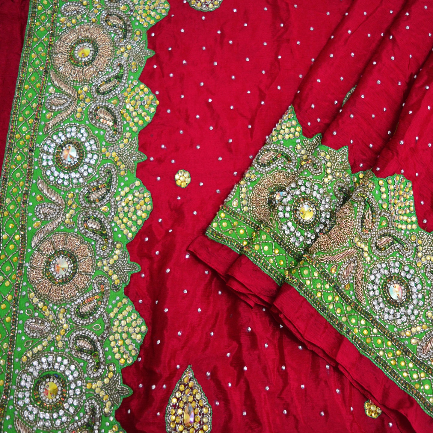 Indian Women Vintage Heavy Red Dupatta Pure silk Long Stole Hand Embroidered Hijab Scarves Veil Wrap Glass Beaded Green Patch