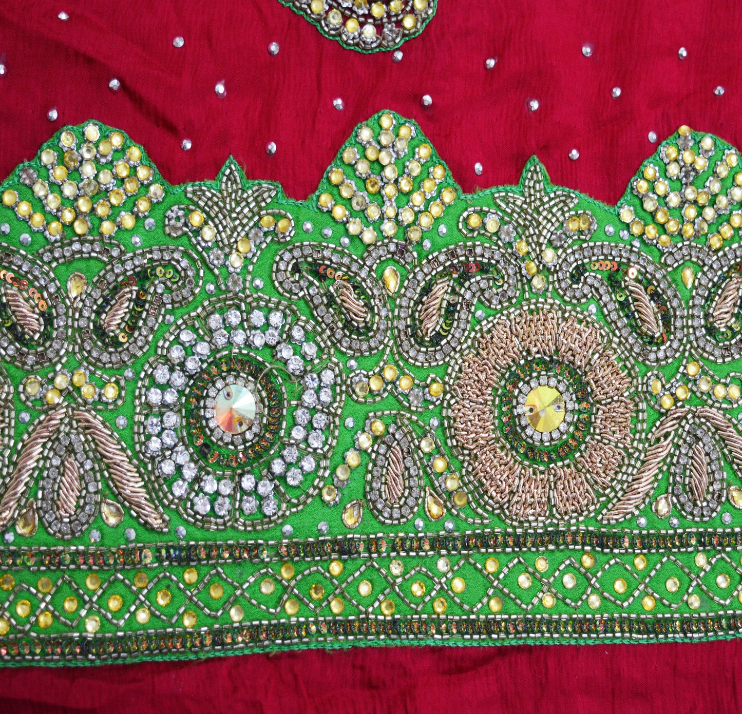 Indian Women Vintage Heavy Red Dupatta Pure silk Long Stole Hand Embroidered Hijab Scarves Veil Wrap Glass Beaded Green Patch