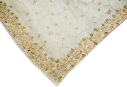 Indian Vintage Heavy Off-white Dupatta Net Mesh Long Stole Hand Embroidered Scarves Golden Zardozi Zari