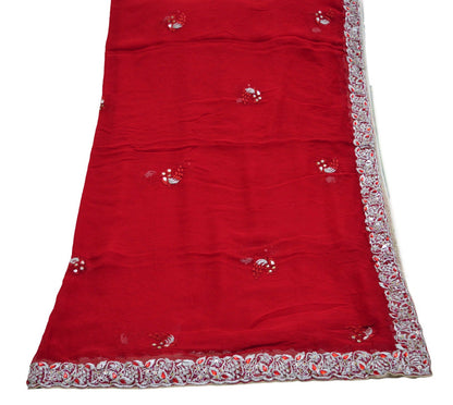 Indian Vintage Hot Red Dupatta Pure Georgette silk Long Stole Hand Embroidered Scarves Floral Design Stole Veil Wrap Zari