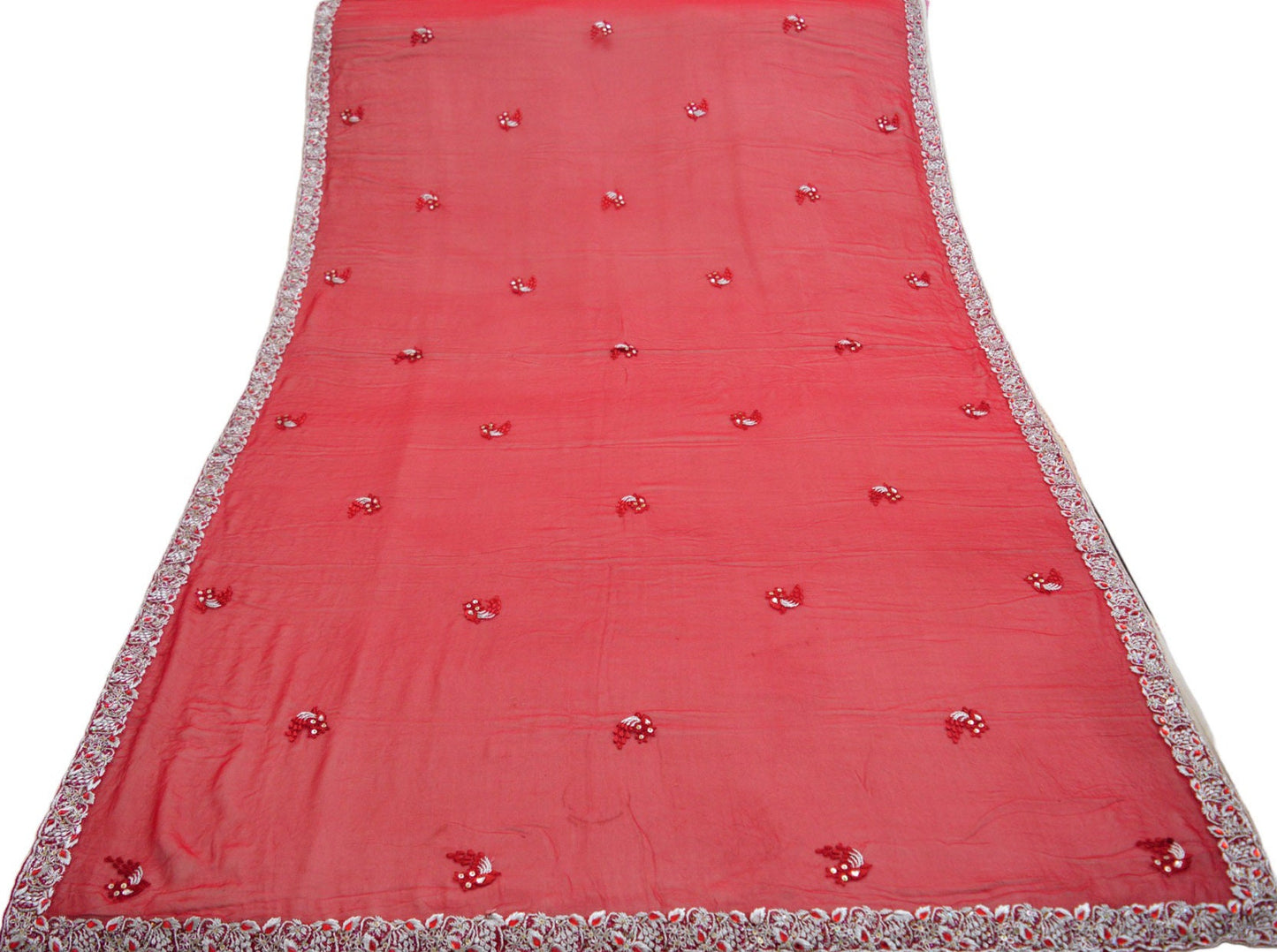 Indian Vintage Hot Red Dupatta Pure Georgette silk Long Stole Hand Embroidered Scarves Floral Design Stole Veil Wrap Zari