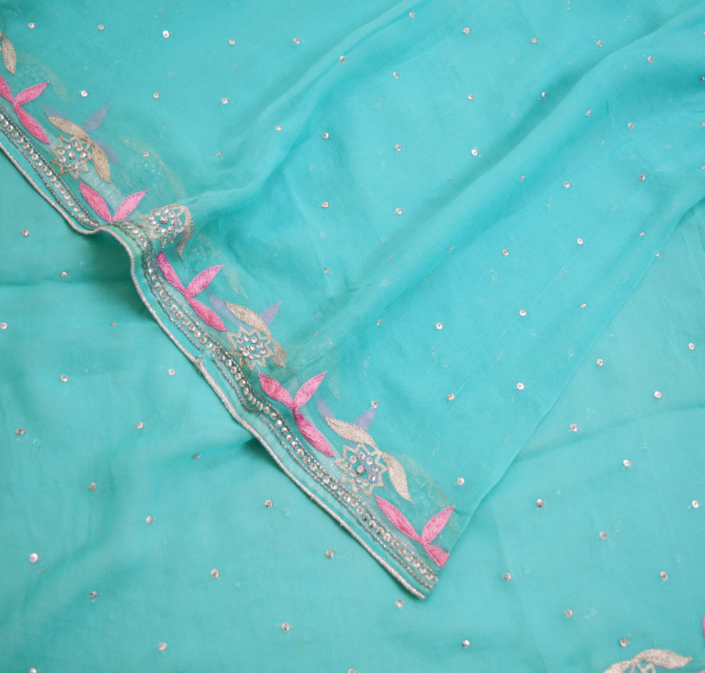 Indian Vintage Blue Dupatta Pure Georgette silk Long Stole Hand Embroidered Scarves Sequins Stole Zari