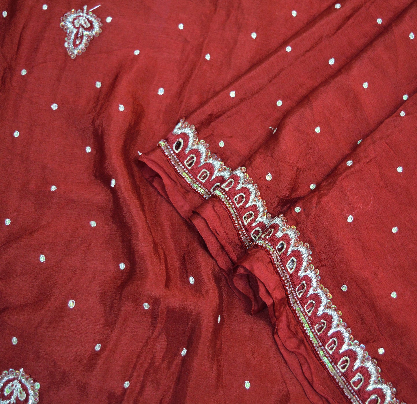 Indian Vintage Maroon Dupatta Pure silk Long Stole Hand Embroidered Scarves Sequins Stole Zari