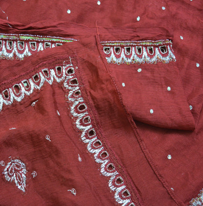 Indian Vintage Maroon Dupatta Pure silk Long Stole Hand Embroidered Scarves Sequins Stole Zari