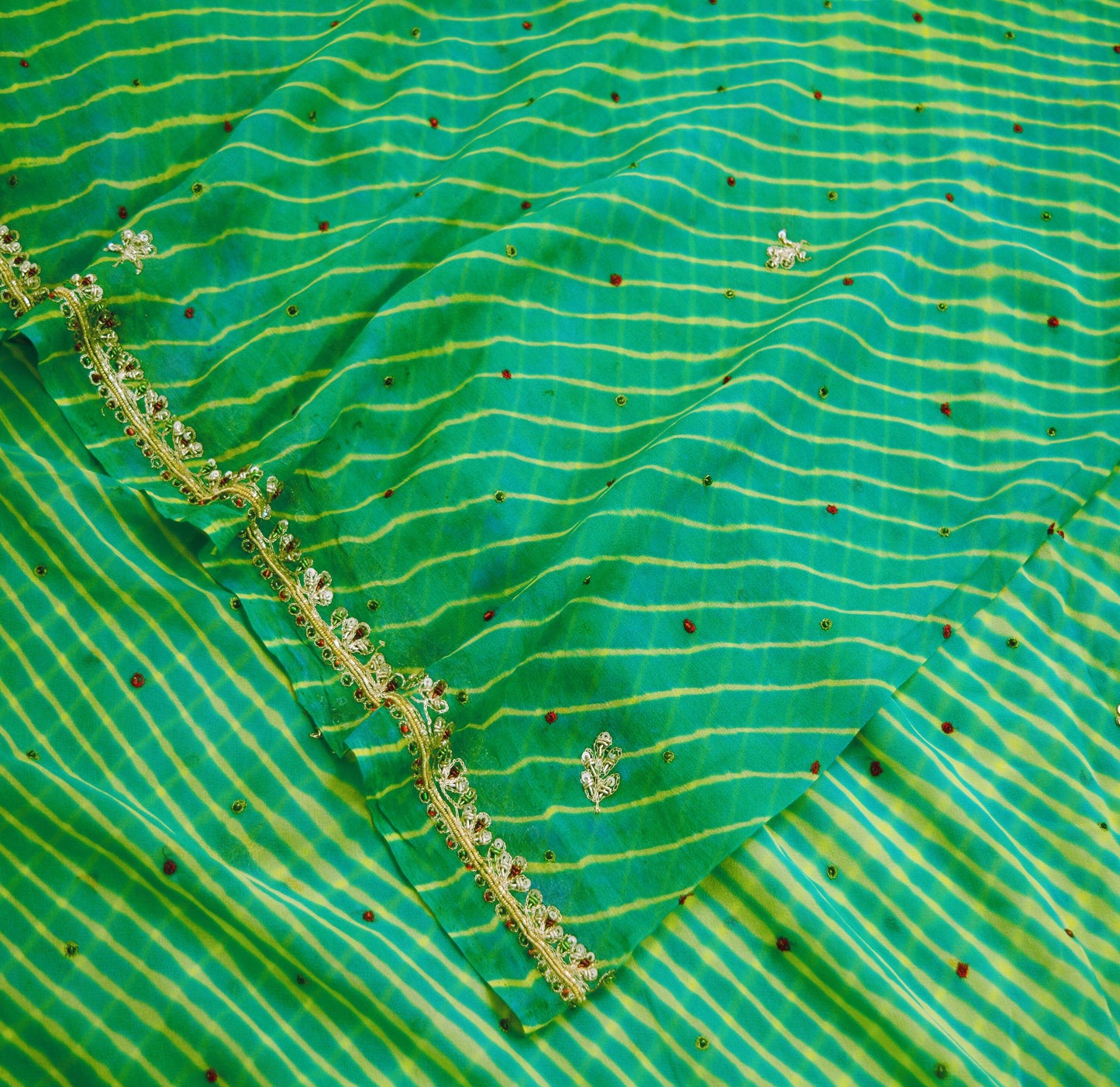 Indian Vintage Yellow & Green Dupatta Pure Georgette silk Long Stole Hand Beaded Leheria Scarves Stole Veil Wrap