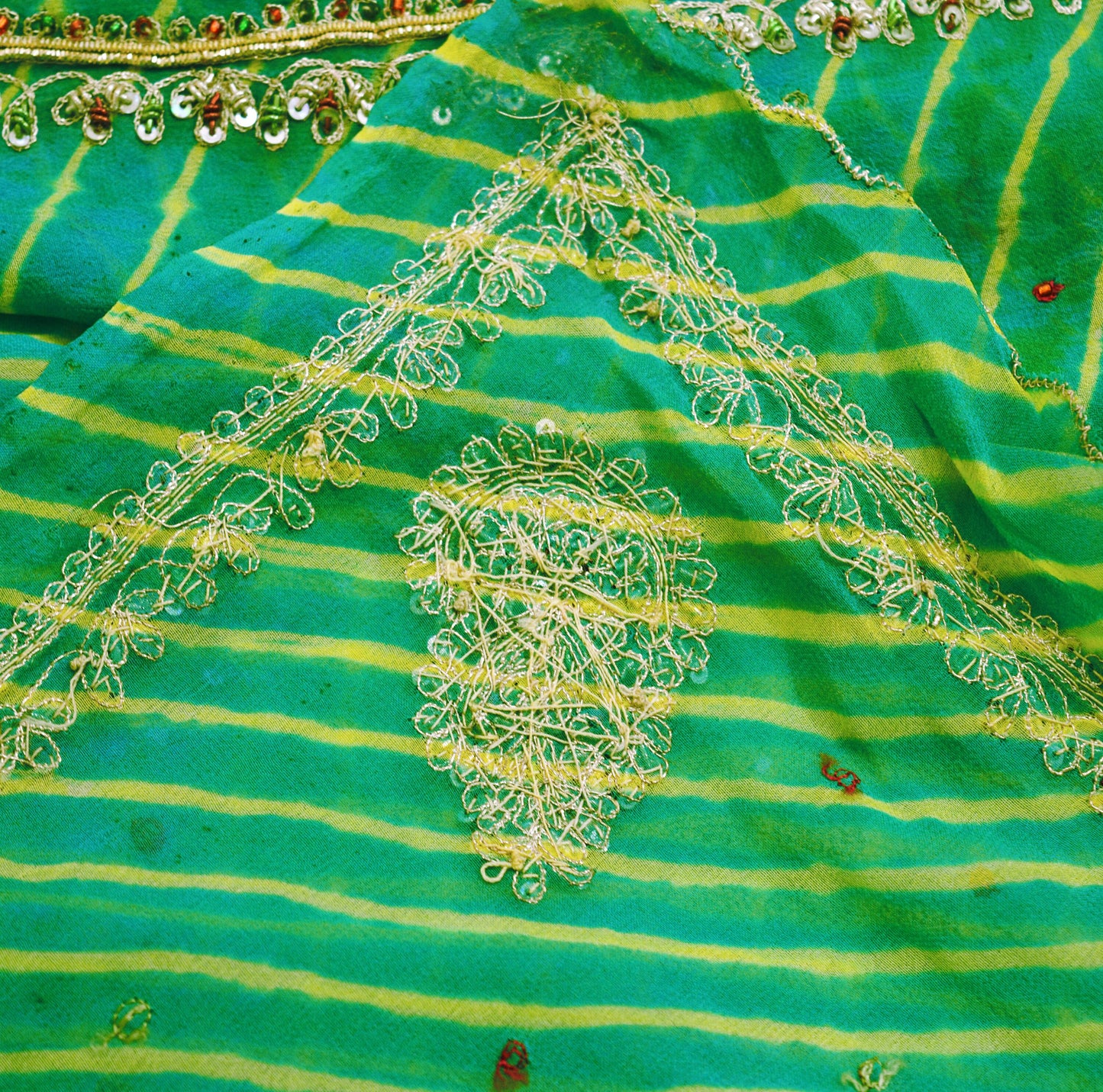 Indian Vintage Yellow & Green Dupatta Pure Georgette silk Long Stole Hand Beaded Leheria Scarves Stole Veil Wrap