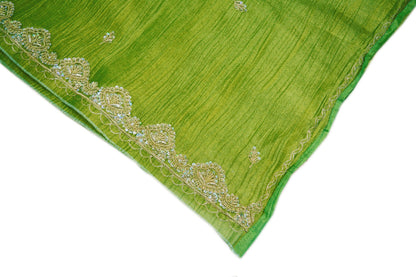 Indian Vintage Green Dupatta Tissue Long Stole Hand Beaded Scarves Silver Zardozi Zari Sequins