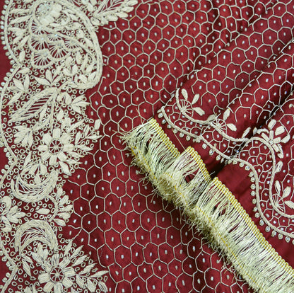 Indian Vintage Heavy Wedding Maroon Dupatta Pure Satin Silk Long Stole Hand Embroidered Scarves Golden Zardozi Stole Fringes