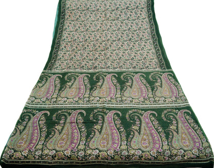 Indian Vintage Sari Green & White Printed Pure Cotton Saree Craft Soft Fabric 5Yard Sewing Sarong Wrap Boho Floral