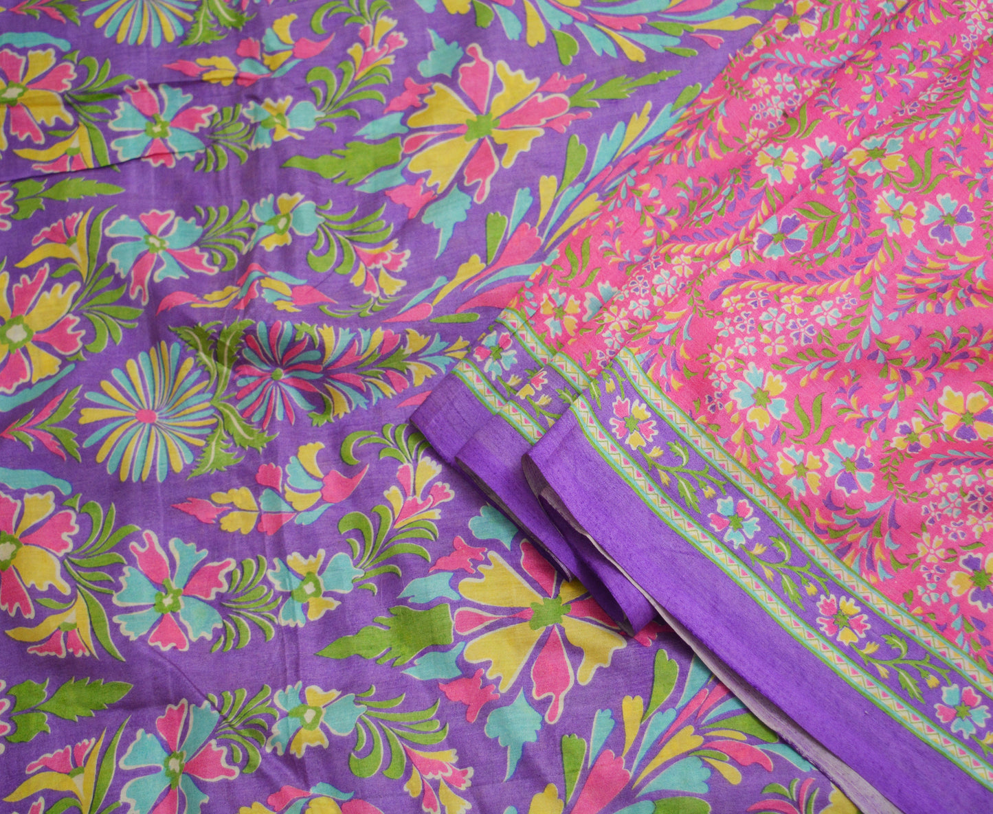 Indian Vintage Sari Purple & Pink 100% Pure Silk Printed Saree Fabric 6yard Sewing Craft DressMaking  Soft Floral