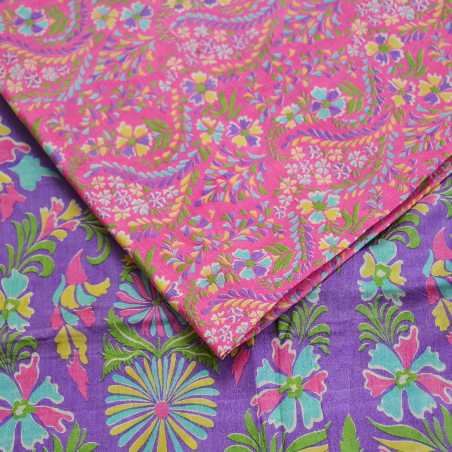 Indian Vintage Sari Purple & Pink 100% Pure Silk Printed Saree Fabric 6yard Sewing Craft DressMaking  Soft Floral