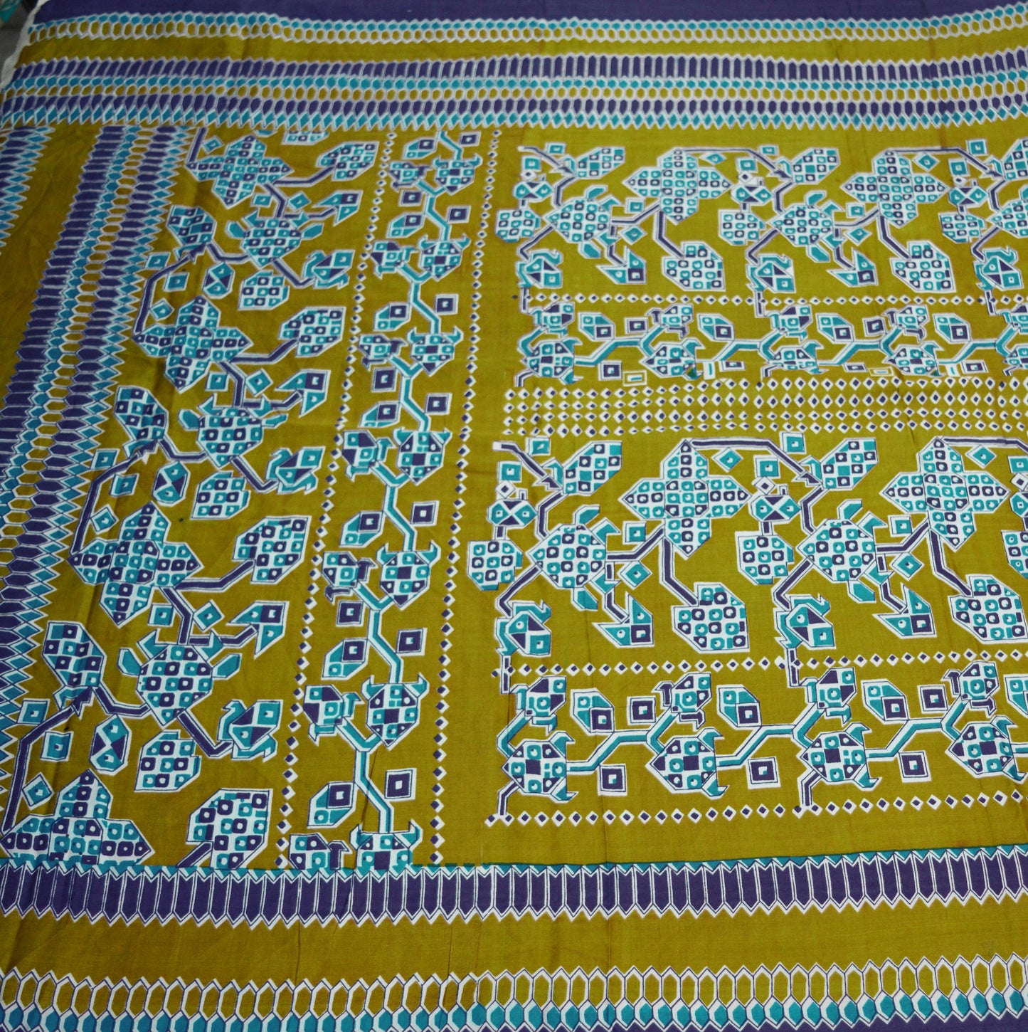 Vintage Sari Blue & Green 100% Pure Satin Silk Printed Saree Fabric 5yard Sewing Soft Dress Designing for Crafting