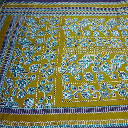 Vintage Sari Blue & Green 100% Pure Satin Silk Printed Saree Fabric 5yard Sewing Soft Dress Designing for Crafting