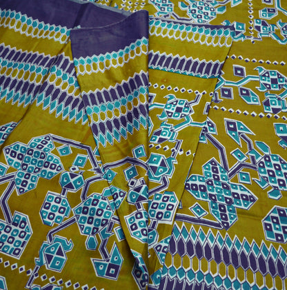 Vintage Sari Blue & Green 100% Pure Satin Silk Printed Saree Fabric 5yard Sewing Soft Dress Designing for Crafting