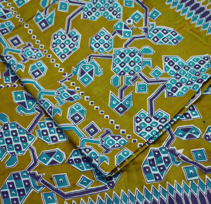 Vintage Sari Blue & Green 100% Pure Satin Silk Printed Saree Fabric 5yard Sewing Soft Dress Designing for Crafting