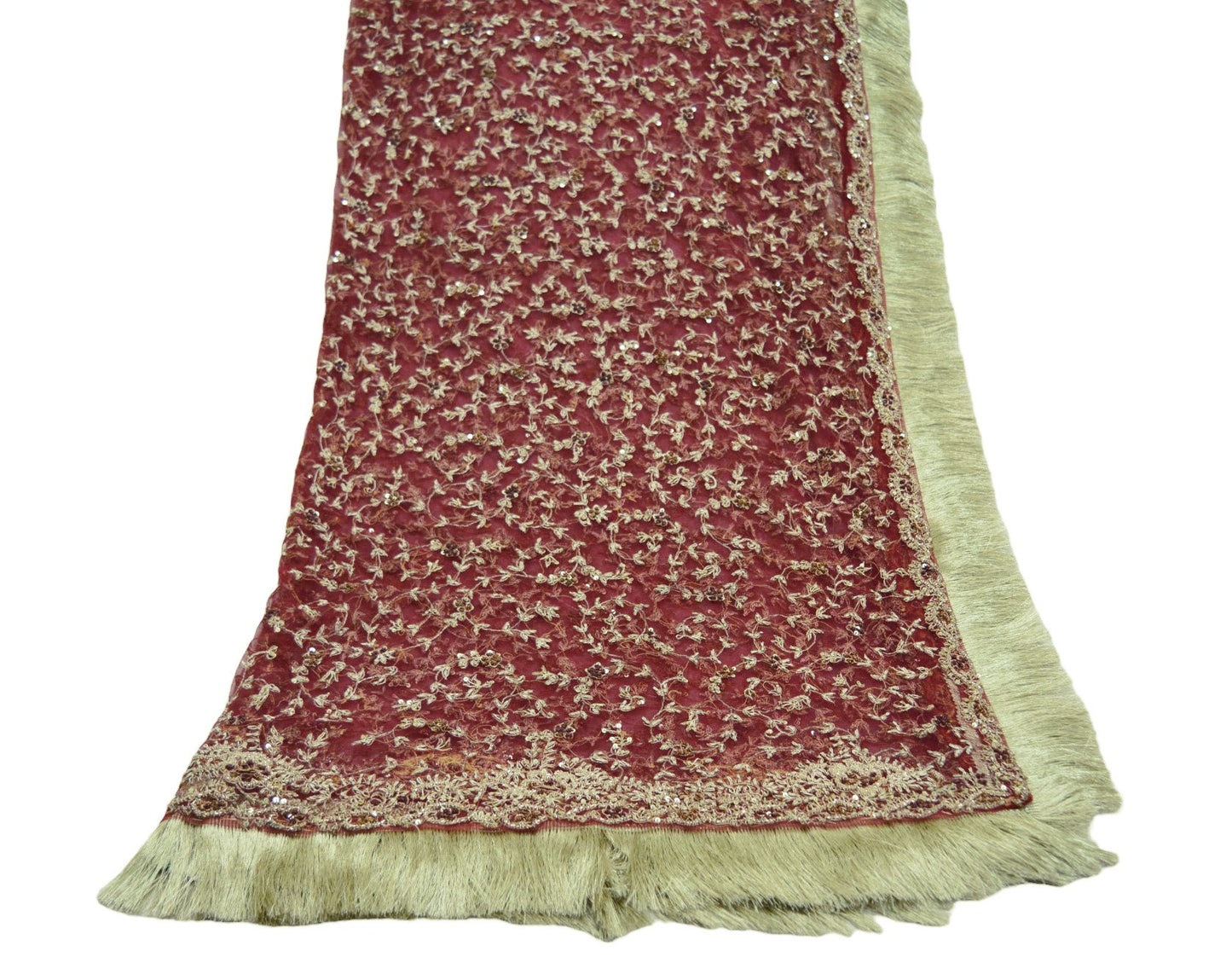 Indian Vintage Heavy Maroon Dupatta Net Mesh Long Stole Hand Embroidered Scarves Zardozi/ Dabka Zari Sequins Stole