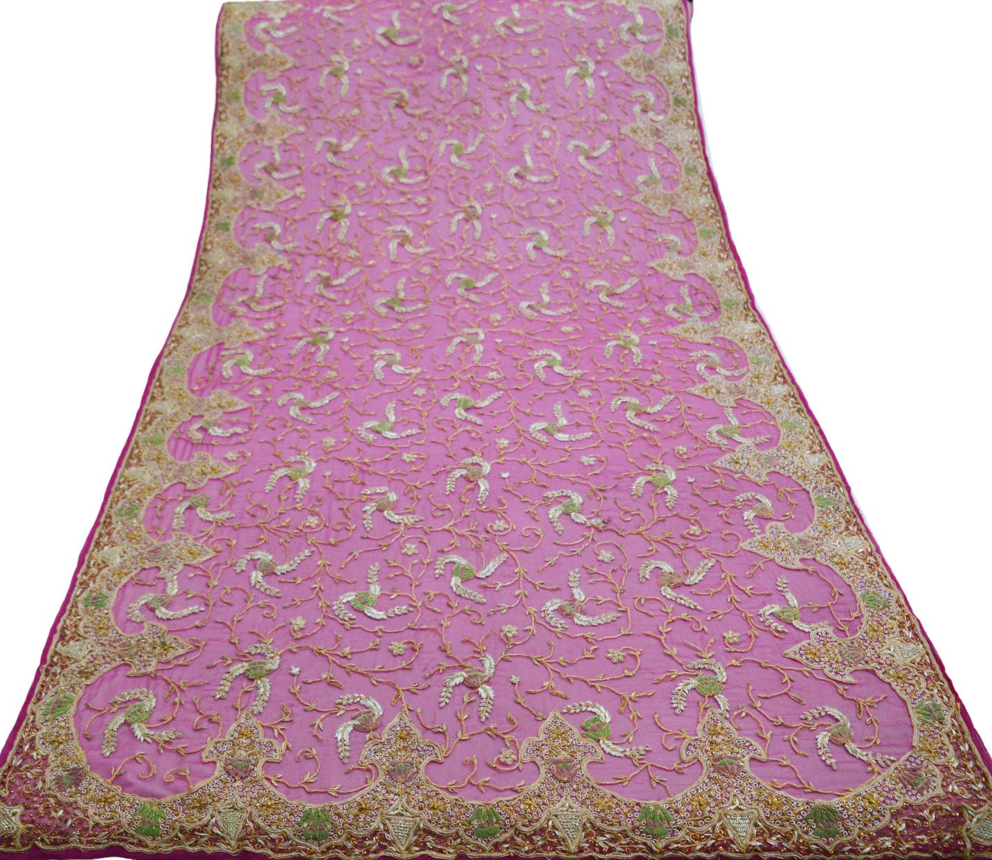 Indian Vintage Heavy Pink Dupatta American Georgette Long Stole Hand Embroidered Scarf Zari Zardozi