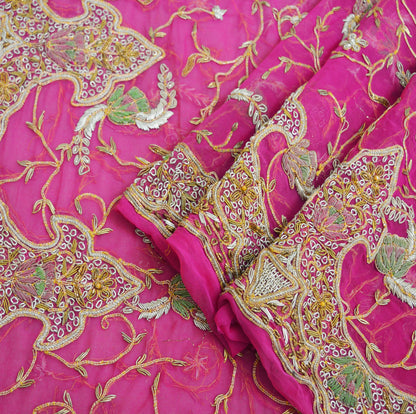 Indian Vintage Heavy Pink Dupatta American Georgette Long Stole Hand Embroidered Scarf Zari Zardozi