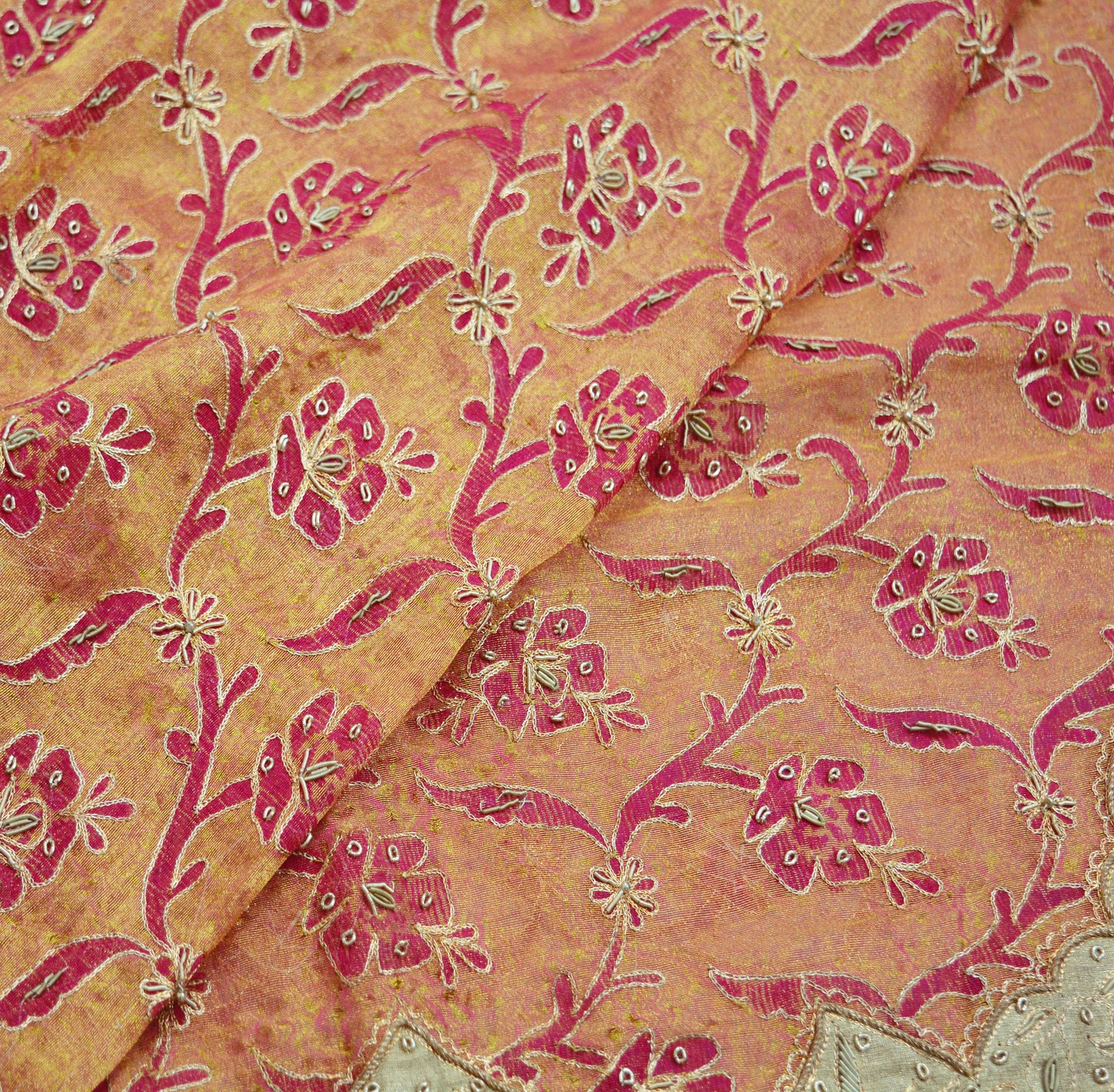 Indian Vintage Heavy Saffron Dupatta Pure Tissue Silk Long Stole Hand Embroidered Scarves Zari Zardozi/Dabka