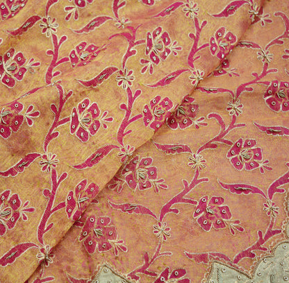 Indian Vintage Heavy Saffron Dupatta Pure Tissue Silk Long Stole Hand Embroidered Scarves Zari Zardozi/Dabka