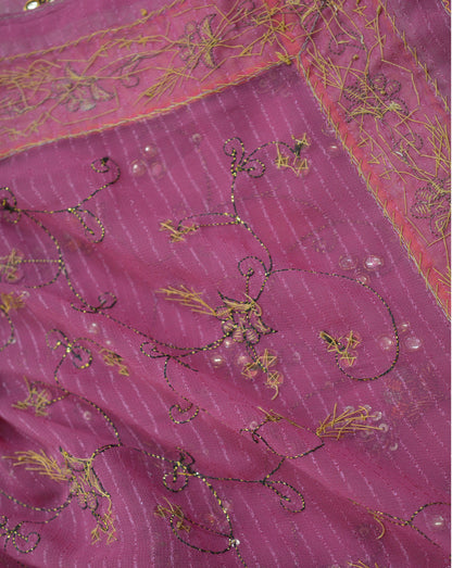 Vintage pink Georgette Hand Embroidered Design Fabric 19"X45" Golden Zardozi/Dabka/Zari Crafting Quilting