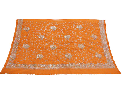 Vintage Orange Georgette Hand Embroidered Design Fabric 29"X43" Golden Zardozi/Dabka/Zari Crafting Quilting