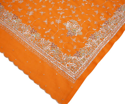 Vintage Orange Georgette Hand Embroidered Design Fabric 29"X43" Golden Zardozi/Dabka/Zari Crafting Quilting