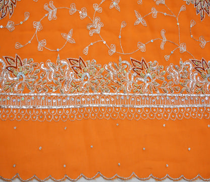 Vintage Orange Georgette Hand Embroidered Design Fabric 29"X43" Golden Zardozi/Dabka/Zari Crafting Quilting