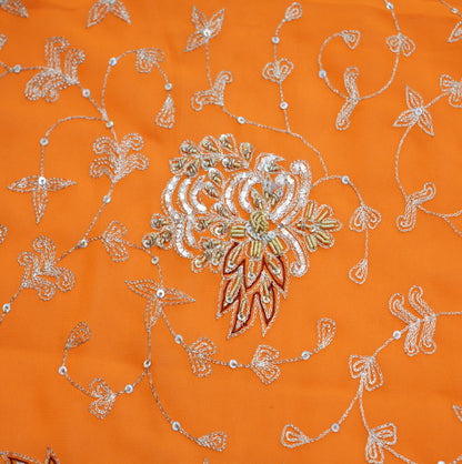 Vintage Orange Georgette Hand Embroidered Design Fabric 29"X43" Golden Zardozi/Dabka/Zari Crafting Quilting