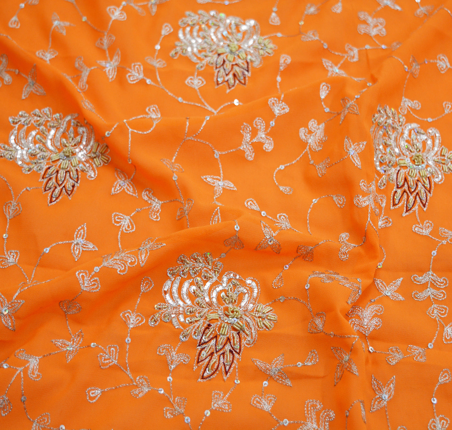 Vintage Orange Georgette Hand Embroidered Design Fabric 29"X43" Golden Zardozi/Dabka/Zari Crafting Quilting